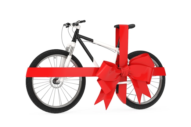 Photo black and white mountain bike with red ribbon as gift on a white background. 3d rendering