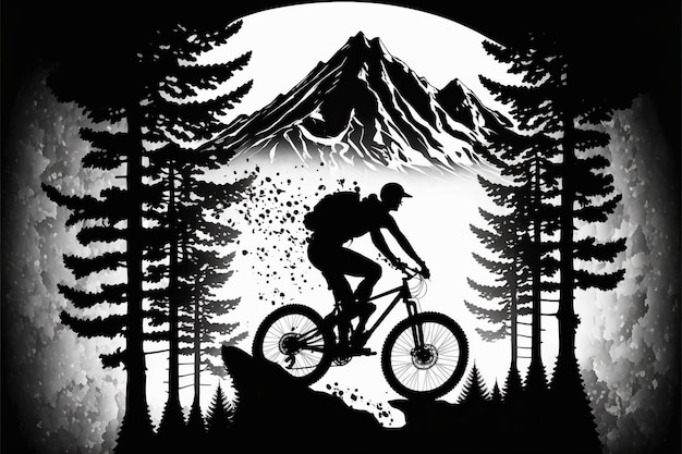 이중 노출 산악 풍경이 있는 흑백 산악 자전거 타는 사람