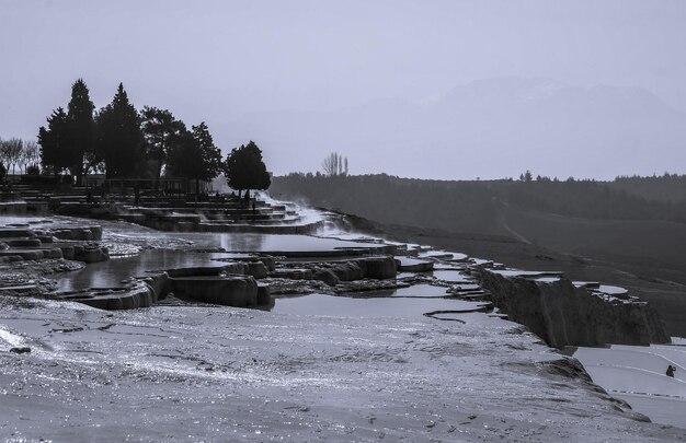 Black and White Natural travertine pools in Pamukkale Pamukkale Turkey