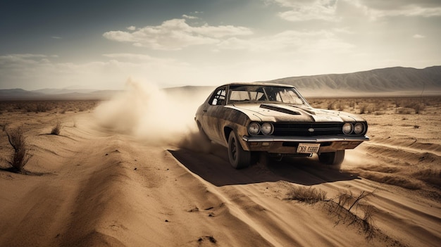 A black and white old muscle car drives through the desert.