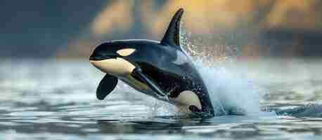 Photo black and white orca jumping out of water