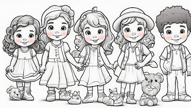 Black and white outline art for cute children's coloring book pages all white children's style