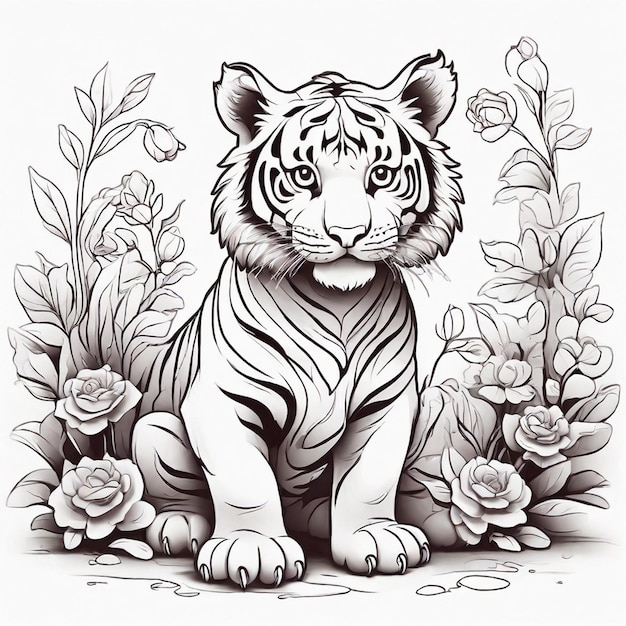 black and white outline art of a cute tiger