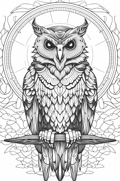 a black and white owl sitting on a branch with a circular frame generative ai