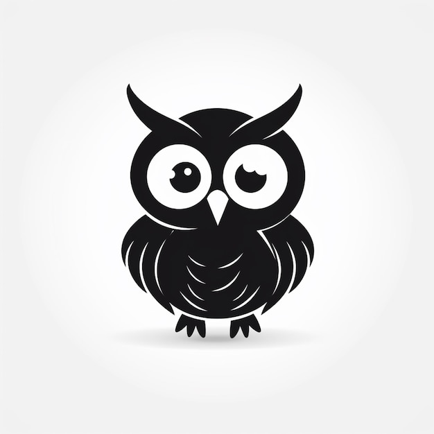 A black and white owl with a big eye and a white background.