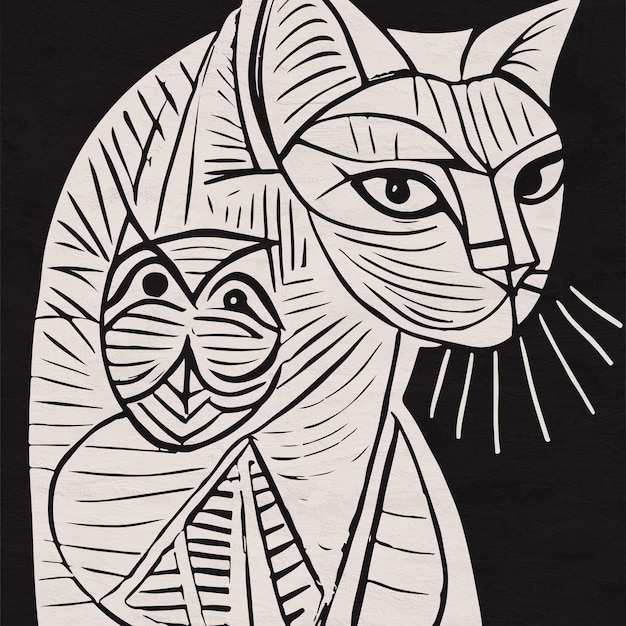 Black and White Painted Cubism Cats Cute Kitty Animal Illustration
