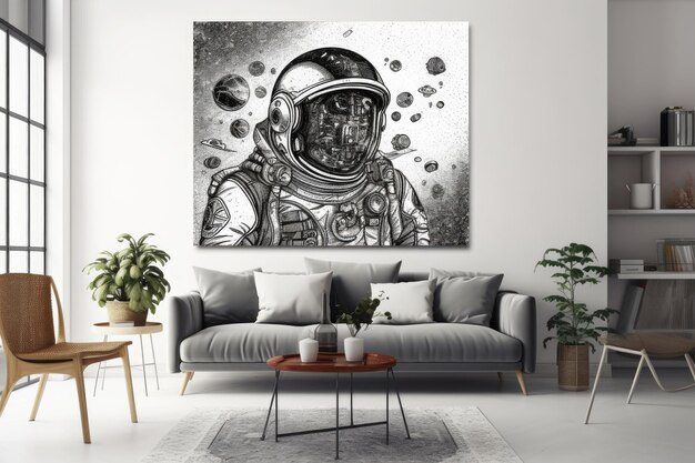 A black and white painting of a astronaut with the words astronaut on it.