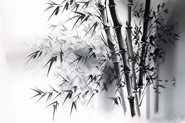 A black and white painting of bamboo branches with the number 3 on it.