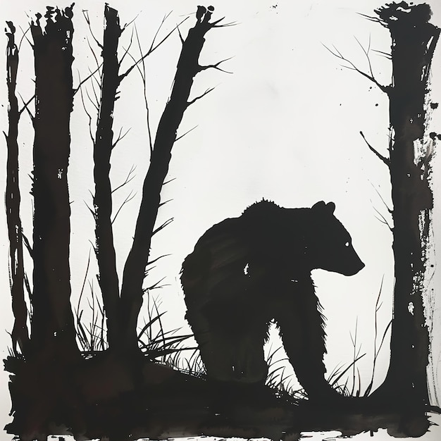 Photo a black and white painting of a bear in the woods