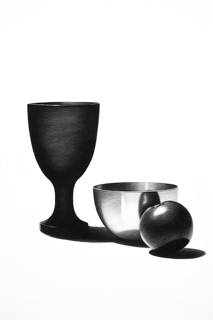 A black and white painting of a bowl, a glass, and a bowl with a ball.