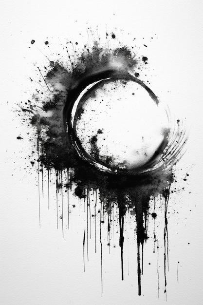 A black and white painting of a circle with black paint splatters.