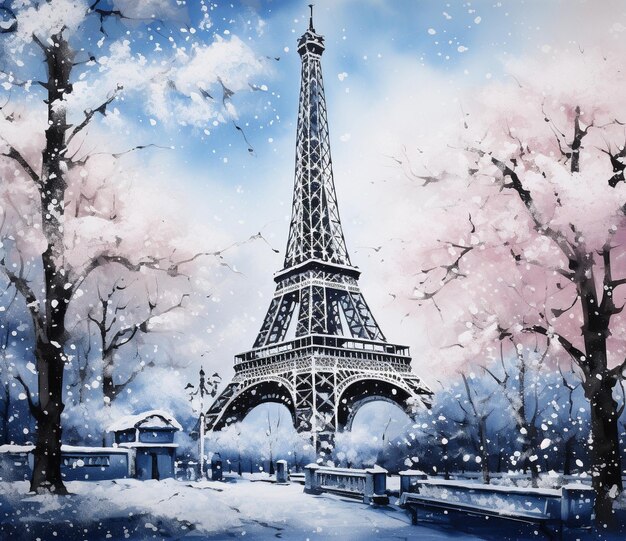 Photo black and white painting of an eiffel tower and blue snowflakes in the style of speedpainting