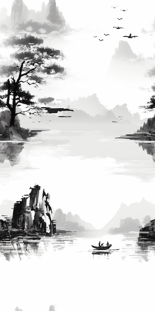 A black and white painting of a lake with a mountain in the background.