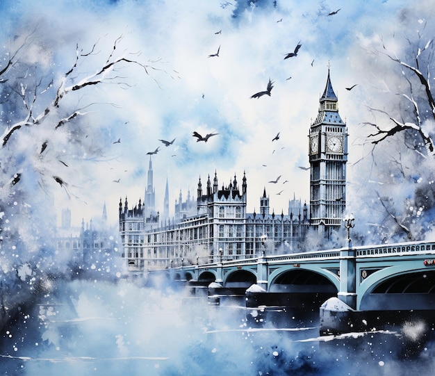 black and white painting of london big ben and blue snowflakes in the style of speedpaintinglue