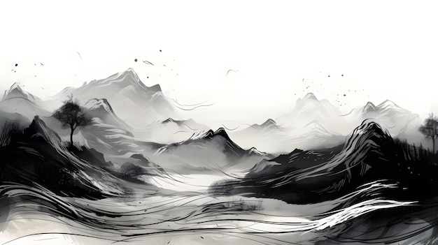 A black and white painting of mountains and a river.