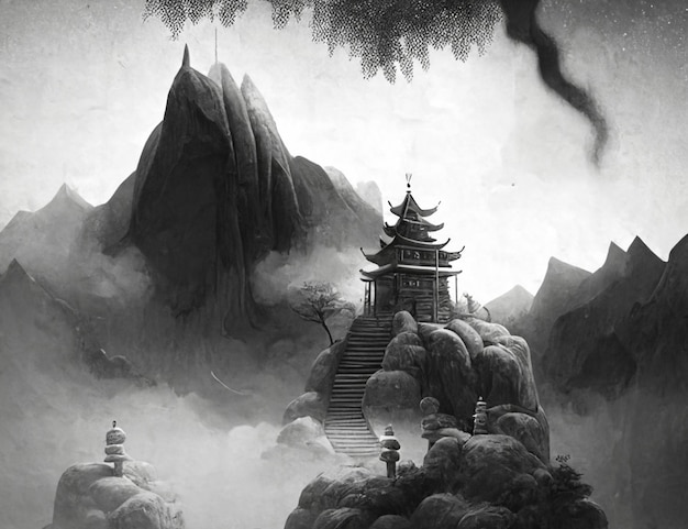 Black and white painting of a pagoda in the mountains generative ai