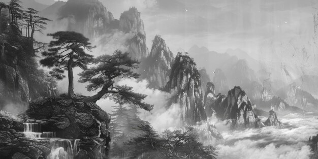 Photo black and white painting of a serene mountain scene suitable for various design projects