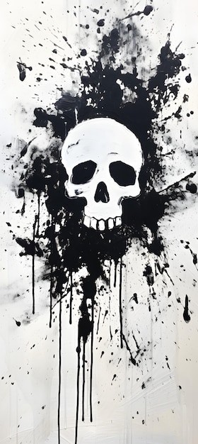 black and white painting showing skulls and crossbones against a white background