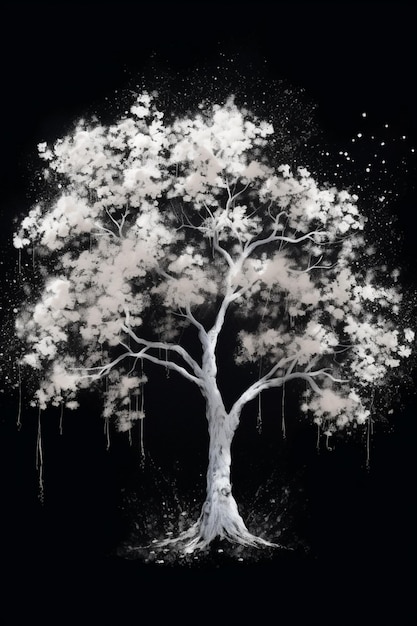 a black and white painting of a tree with a birdhouse in the branches generative ai