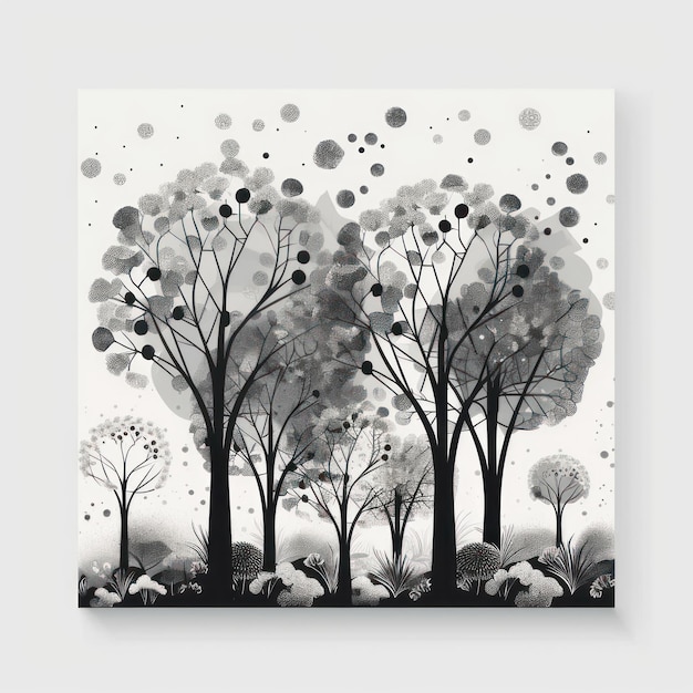 A black and white painting of trees with the words dandelion