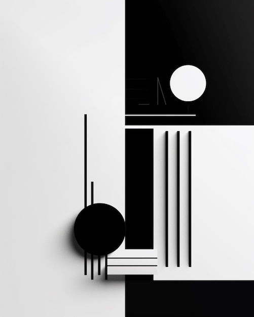 A black and white painting with a circle and a black circle.