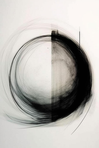 A black and white painting with a circle in the middle and the word " on the bottom. "