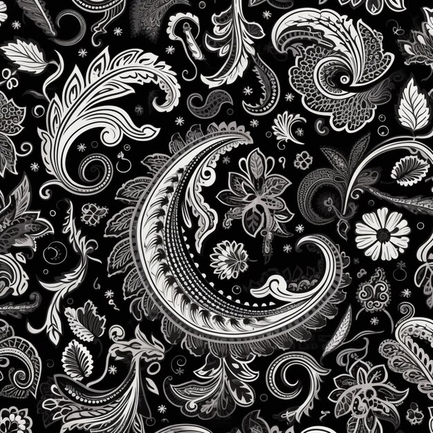 Photo a black and white paisley pattern with a crescent generative ai