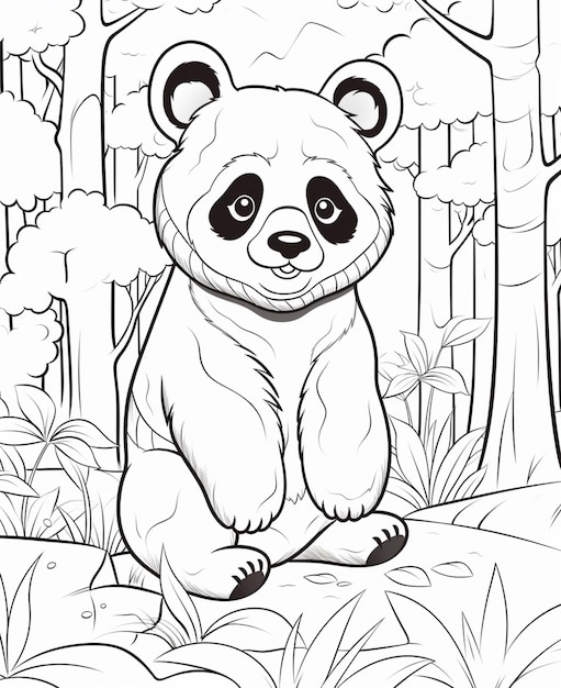 A black and white panda bear standing in the woods with trees generative ai