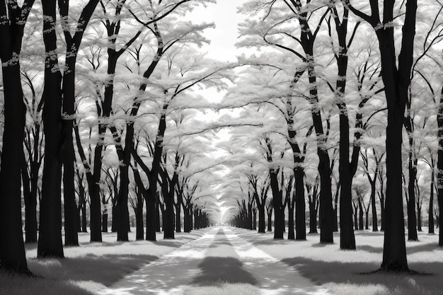 Foto cammino bianco e nero tra gli alberi