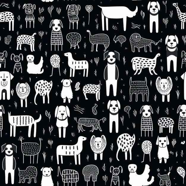 a black and white pattern of animals and plants on a black background generative ai