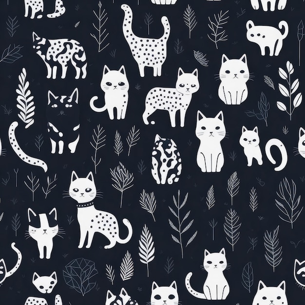 A black and white pattern of cats and leaves.