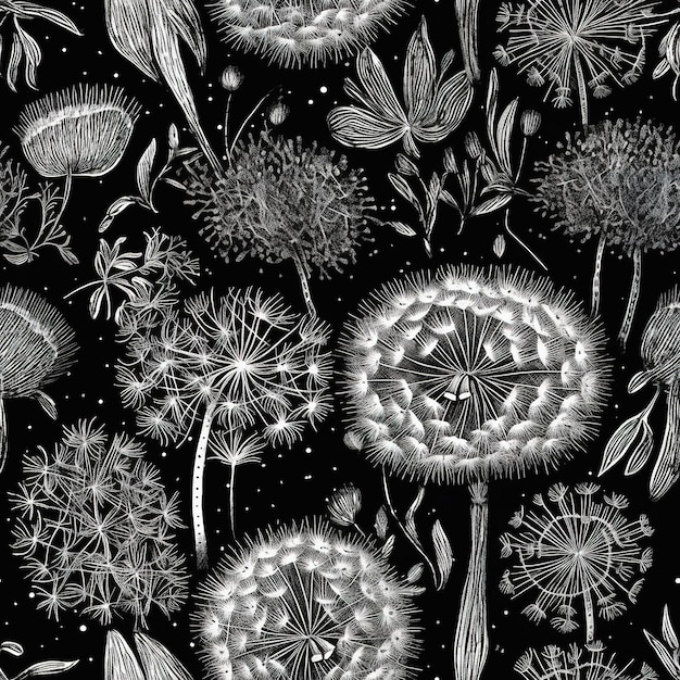 A black and white pattern of dandelions and other plants.