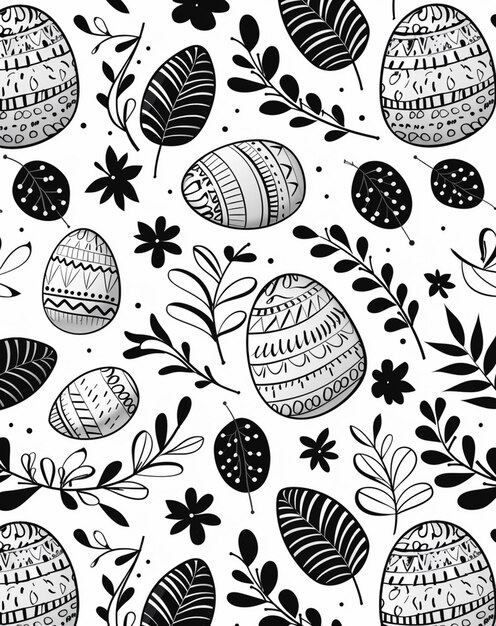 Foto un disegno bianco e nero di uova e foglie generative ai