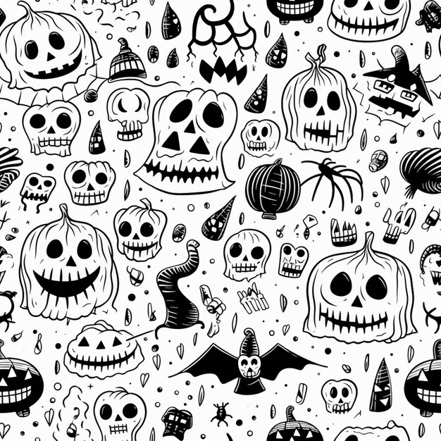 a black and white pattern of halloween skulls and bats generative ai