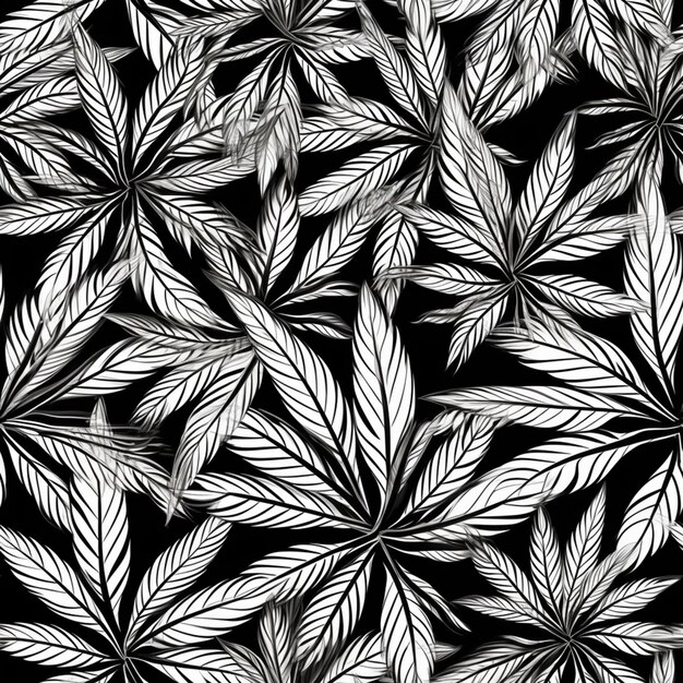 a black and white pattern of leaves on a black background generative ai