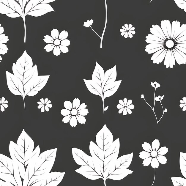 A black and white pattern of leaves and flowers.