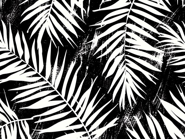 a black and white pattern of leaves with a black background