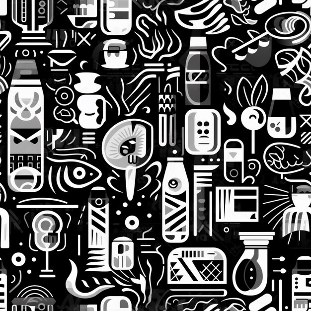 Foto a black and white pattern of various objects and symbols generative ai