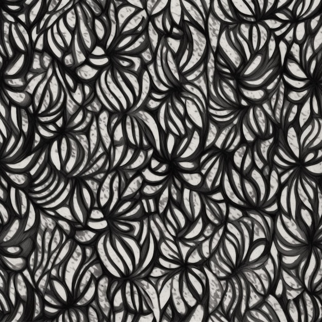 A black and white pattern with black flowers.