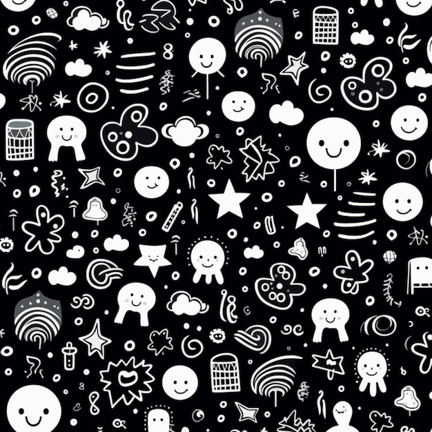 A black and white pattern with different types of cartoon characters generative ai