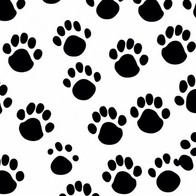 A black and white pattern with dog prints on it