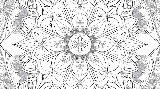 a black and white pattern with a flower and a circle