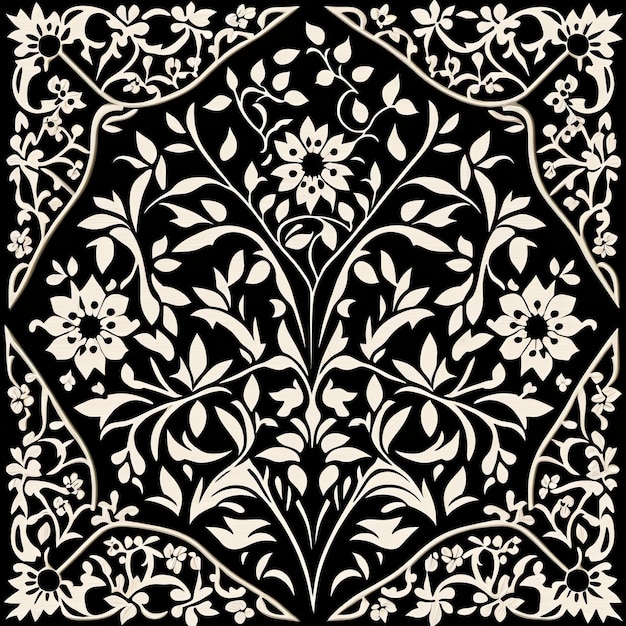 A black and white pattern with flowers on it.