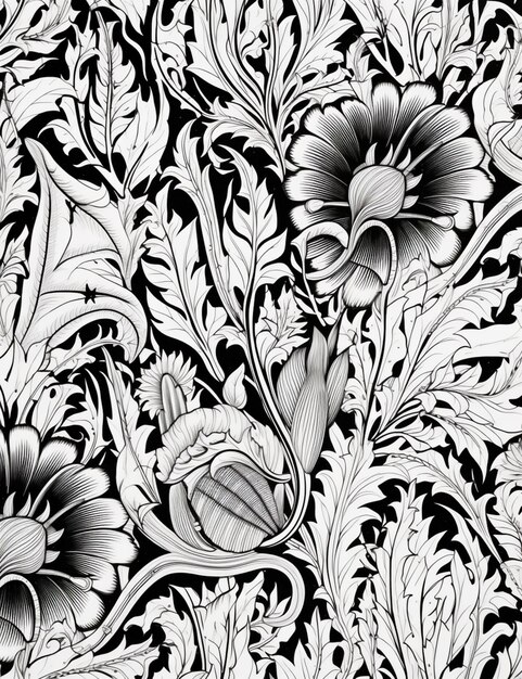 A black and white pattern with flowers and leaves.