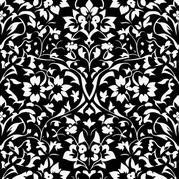 A black and white pattern with flowers.