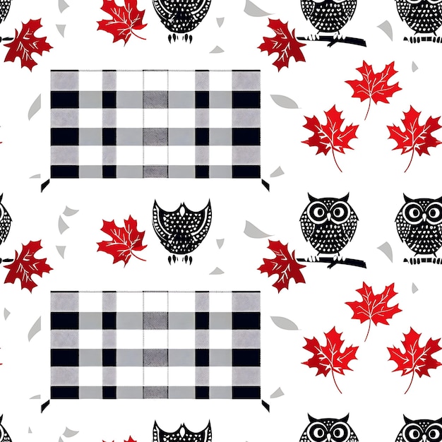 Photo a black and white pattern with owls and red leaves