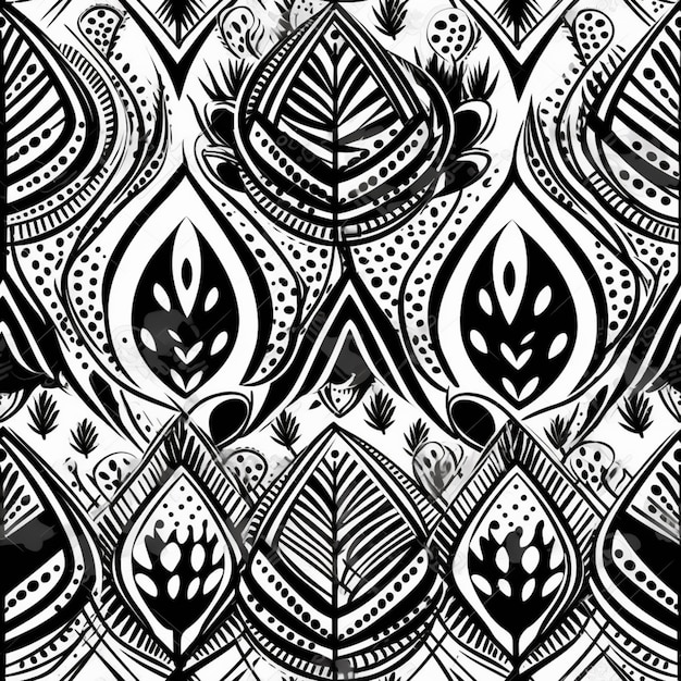 A black and white pattern with a pattern of leaves and flowers.