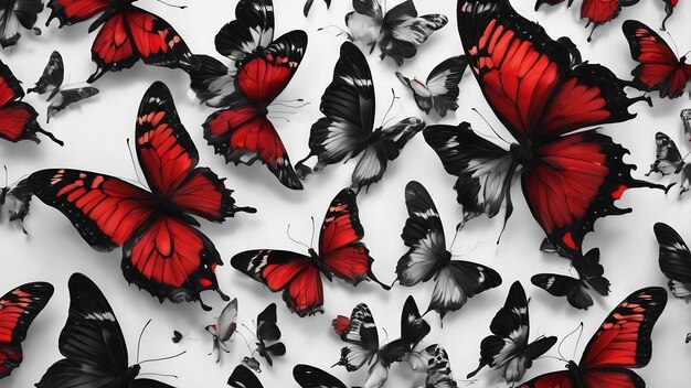 A black and white pattern with red butterflies