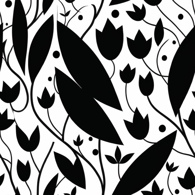 A black and white pattern with tulips and leaves.