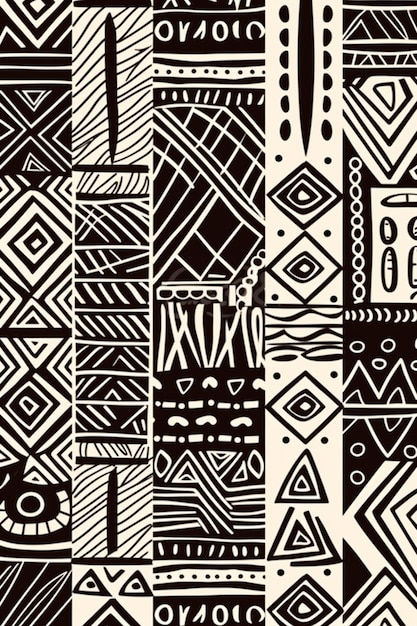 A black and white pattern with a variety of geometric shapes.